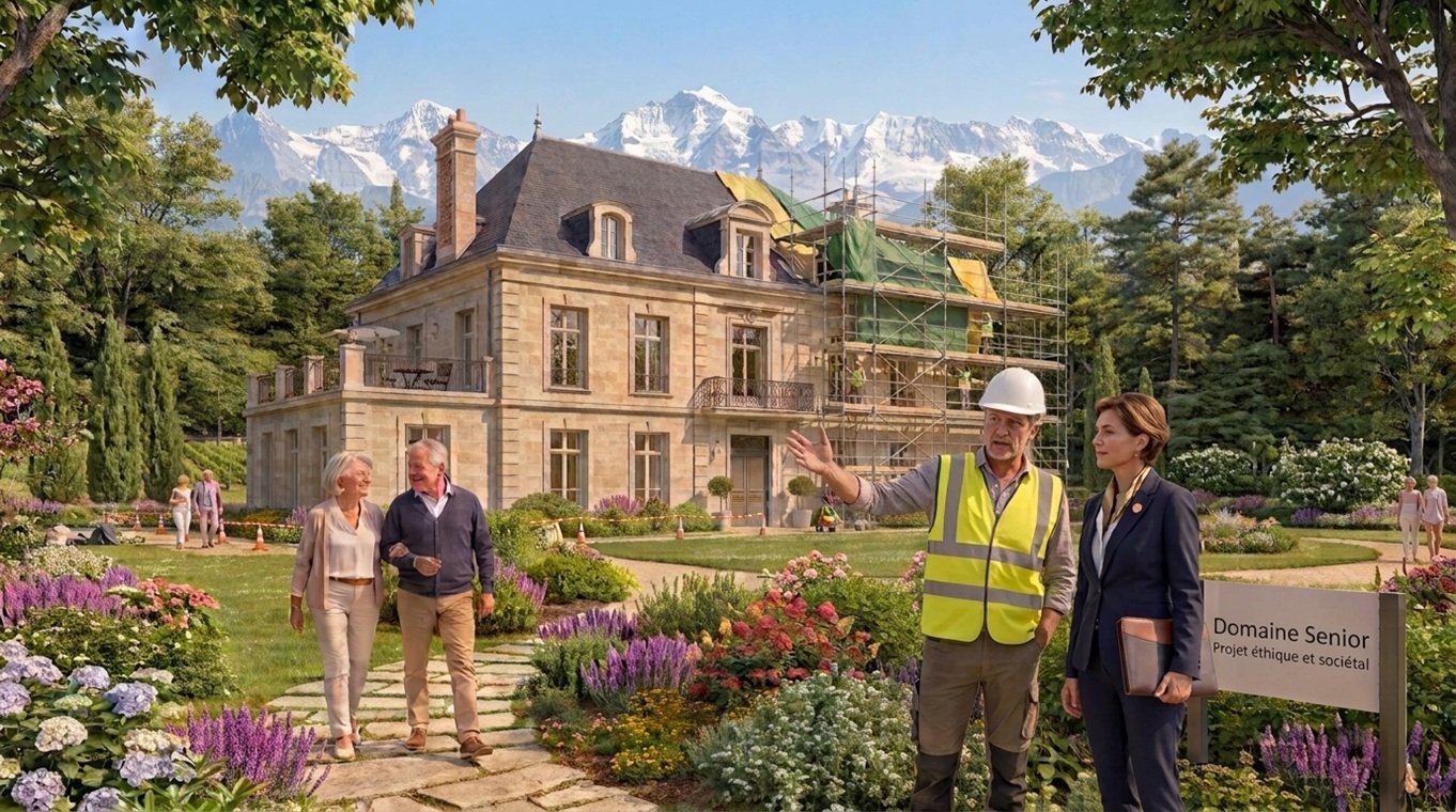 Couple de seniors se promenant dans le parc d'une demeure en rénovation, face aux Alpes, pendant qu'un chef de chantier présente le projet à une investisseuse